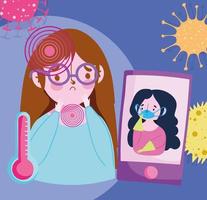 covid 19 coronavirus, sick girl talking at smartphone vector