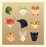 set of different animals heads duck rabbit cat fox rabbit tiger panther and vector