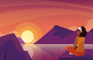afro woman seated observing sunset landscape with lake vector