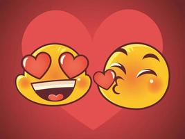 Emoji caras expresión beso divertido y reacciones de amor en el fondo del corazón vector