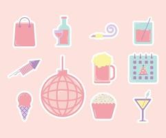 set of party icons on pink background vector
