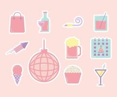 set of party icons on pink background vector