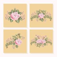 set of pink rose flowers with leaves painting in frames vector design