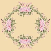 diseño de vector de marco de pintura de flores y hojas de rosa rosa