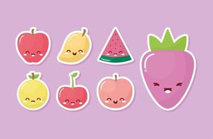 Grupo de frutas kawaii con una sonrisa sobre fondo rosa vector