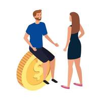 young couple with coin isolated icon vector