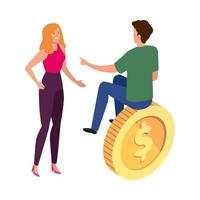 young couple with coin isolated icon vector