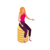 beautiful woman sitting in stack coins isolated icon vector