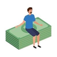 young man sitting in stack bills finance vector