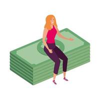 beautiful woman sitting in stack bills finance vector