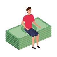 young man sitting in stack bills finance vector