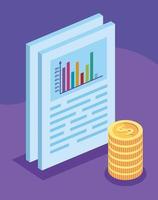 document with bars statistical and pile coins vector