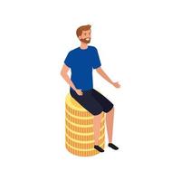 young man sitting in stack coins vector