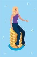 beautiful woman sitting in stack coins isolated icon vector