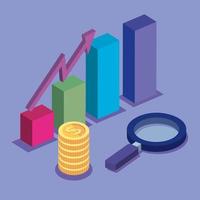 bars statistical with pile coins and magnifying glass vector