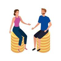 pareja joven, sentado, en, pila, monedas, aislado, icono vector