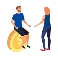 young couple with coin isolated icon vector
