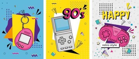 set of video game and control of nineties retro style vector