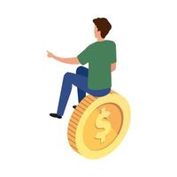 hombre joven, sentado, en, moneda, aislado, icono vector