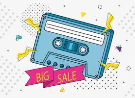 poster of big sale with cassette of nineties vector