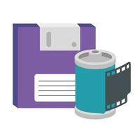 roll camera with floppy of nineties retro isolated icon vector