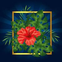 flower of red color with branches and leafs in frame vector