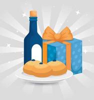 bottle wine with breads and gift box vector