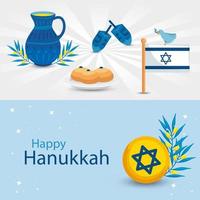 set poster of happy hanukkah with decoration vector