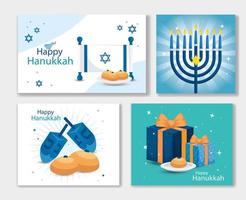 set poster of happy hanukkah with decoration vector