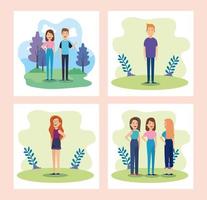 set scenes of group young people in park nature vector