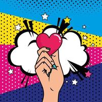 hand with heart and cloud pop art style vector