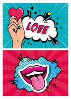 set of hand with heart and mouth pop art style vector