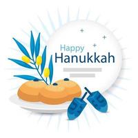 happy hanukkah with olive branch and icons vector