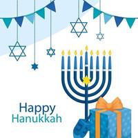 feliz hanukkah con candelabro e iconos vector