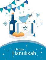 happy hanukkah with flag israel and icons vector
