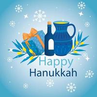 feliz hanukkah con tetera e iconos vector