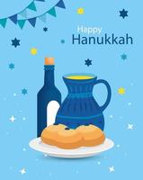 feliz hanukkah con tetera e iconos vector