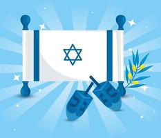 Bandera de Israel con juegos de dreidel y rama de olivo vector