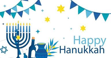 feliz hanukkah con candelabro e iconos vector