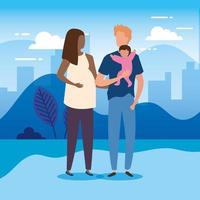 parents with baby girl in park nature characters vector