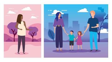 set scenes of parents with sons in park nature vector