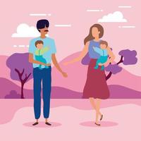 parents with sons in park nature characters vector