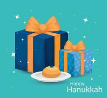 happy hanukkah with gift boxes and bread vector