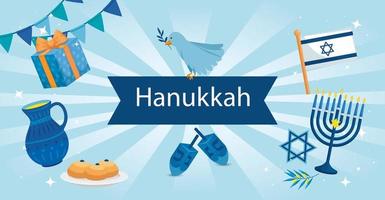 happy hanukkah with ribbon and icons vector