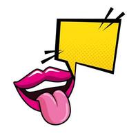 sexy mouth with tongue out and speech bubble pop art style icon vector