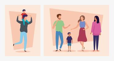 set scenes with father carrying son on shoulders and people vector