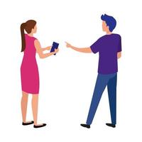 back young couple with smartphone isolated icon vector