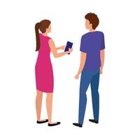 back young couple with smartphone isolated icon vector