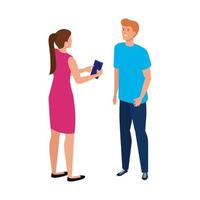 pareja joven, con, smartphone, avatar, carácter, icono vector