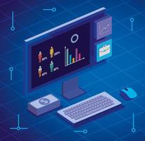 computer desktop with statistics and menu app vector